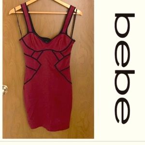 Bebe Burgundy Dress with Black Corset Design Piping  Body-con. Size Medium